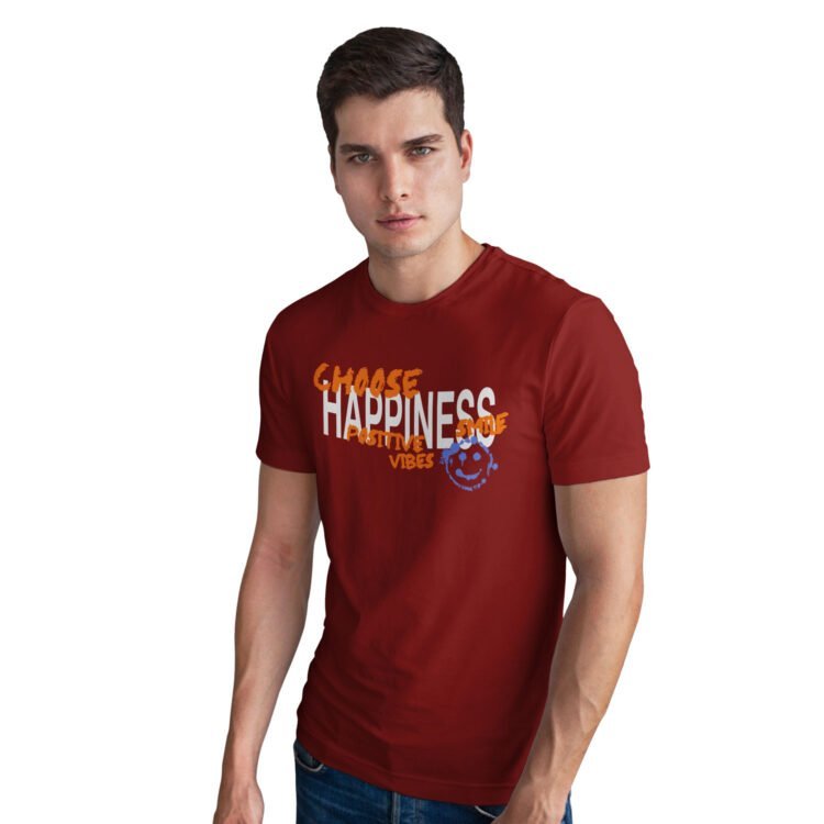 Choose Happiness Printed Men Round Neck T-Shirt - Maroon