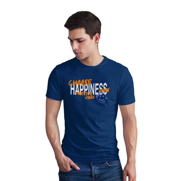 Choose Happiness Printed Men Round Neck T-Shirt - Navy Blue