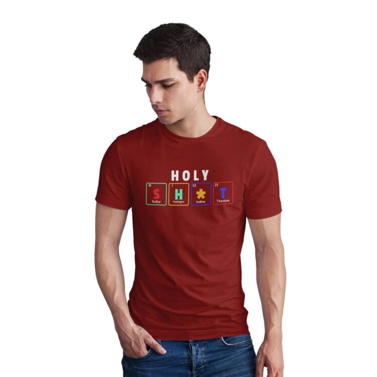 Holy Shit Printed Men's Round Neck T-Shirt - Maroon