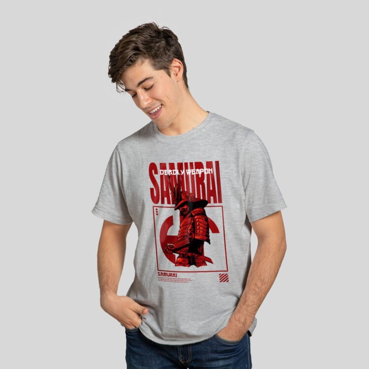 Samurai Printed Men's Round Neck T-Shirt - Gray