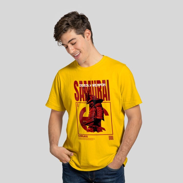 Samurai Printed Men's Round Neck T-Shirt - Yellow