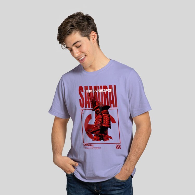 Samurai Printed Men's Round Neck T-Shirt - Purple