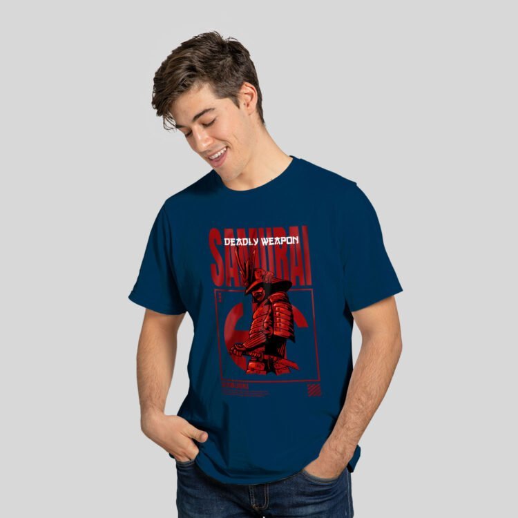 Samurai Printed Men's Round Neck T-Shirt - Navy Blue