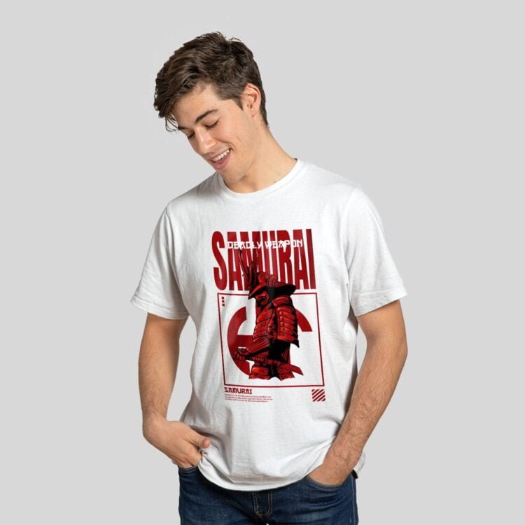 Samurai Printed Men's Round Neck T-Shirt - White