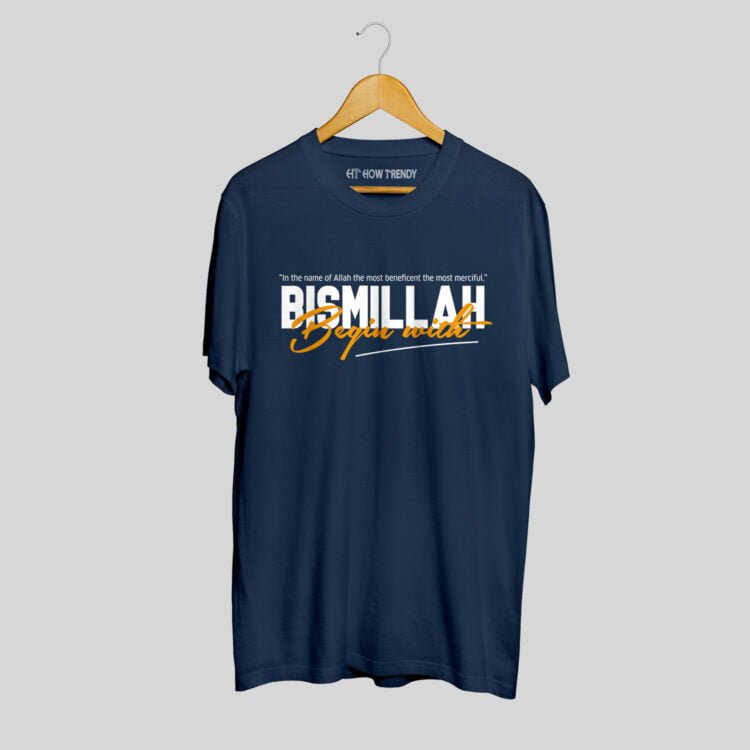 How Trendy Bismillah Half Sleeves Round Neck T-Shirt - Navy Blue