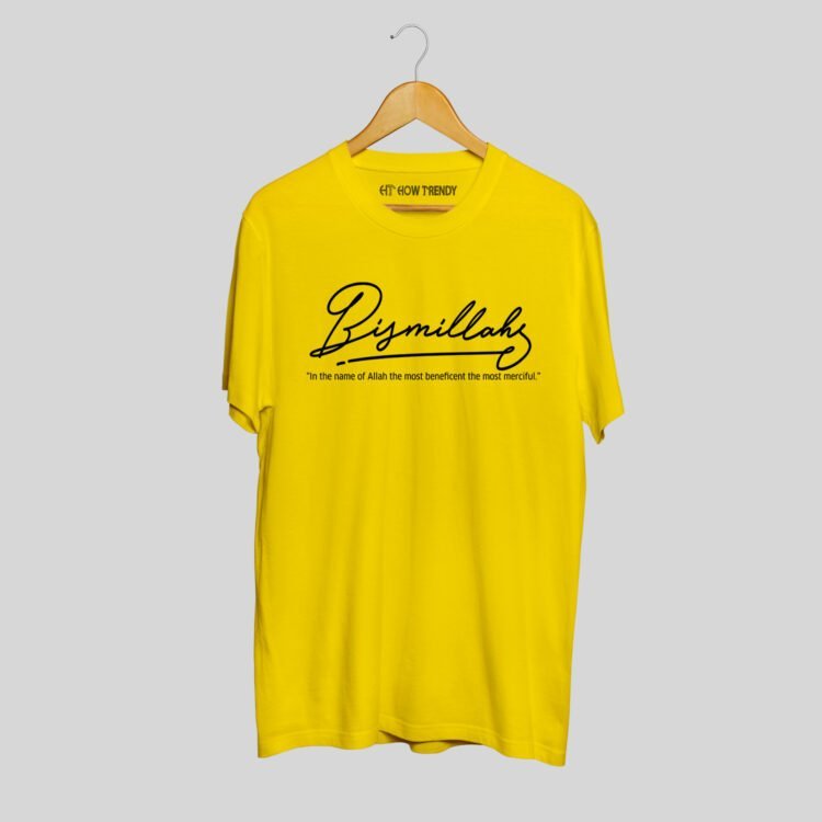 How Trendy "Bismillah" Half Sleeves Round Neck T-Shirt - Yellow